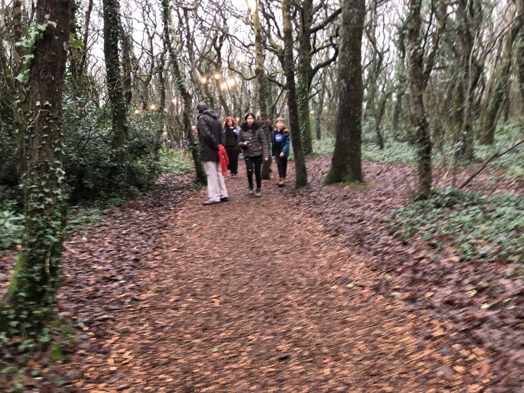 The audience walks through the Winter Wood at the Rogue Theatre show. The wood chip pathway through teh wood with wood chipping is shown.