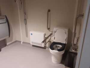 A photo of the accessible bathroom at the Hall for Cornwall which has an audio guide for those who are visually impaired
