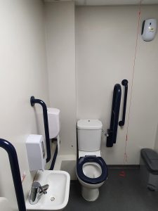 Disabled toilet, 5 handrails and emergency pull chord