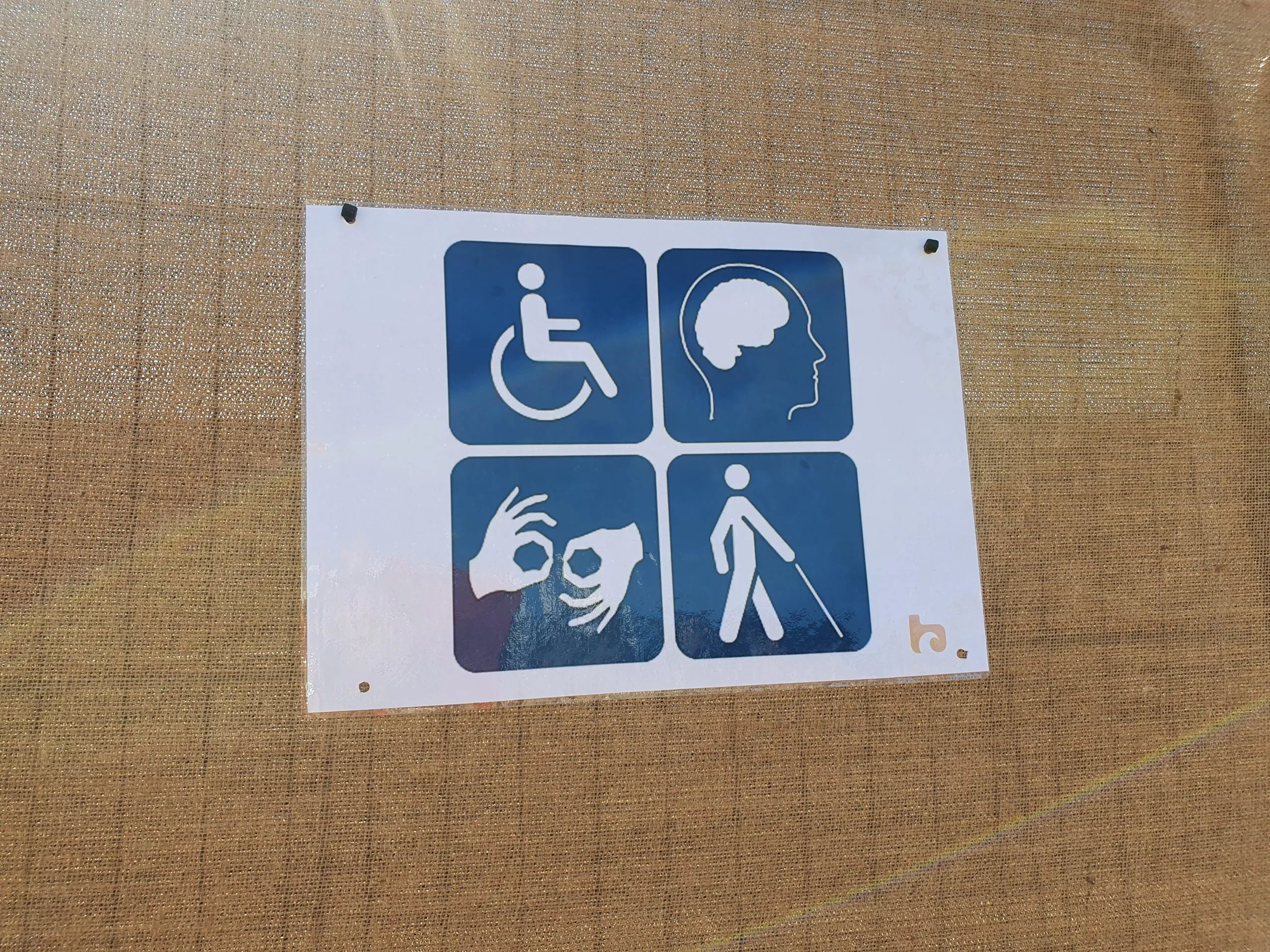 Sign detailing the accessibility point, showing types of help available through basic images . wheelchair access, sign language, Visual Impairment and Neurodiversity