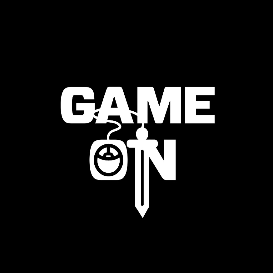 Game On logo. White text on a black background spelling game on. the o of on is a stylised computer mouse and the firsr part of the N forms a mythical sword