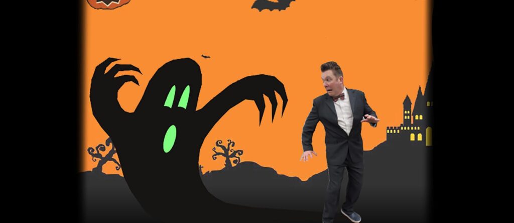 Banner for the show Shivers and Shadows by Squashbox Theatre a man being scared by a crtoon ghost against an orange background