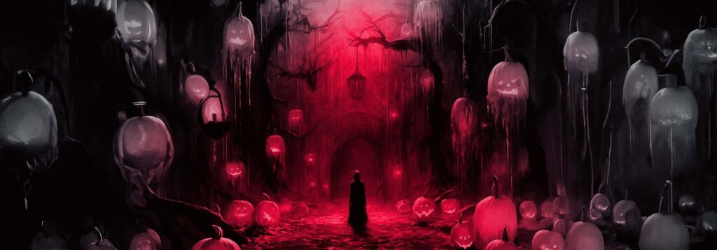 An image of a cloaked figure among lanterns with spooky red mist and the jail beyond
