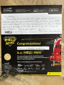 A lovely message from the Air Ambulance Crew thanking holly for her fundraising efforts