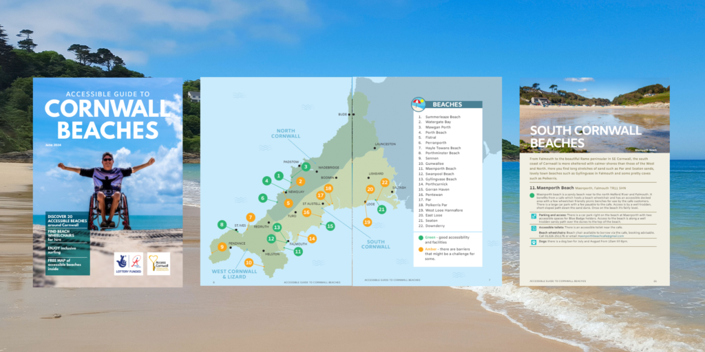 An image showing the cover, map and a sample page of our new Accessible guide to beaches in Cornwall