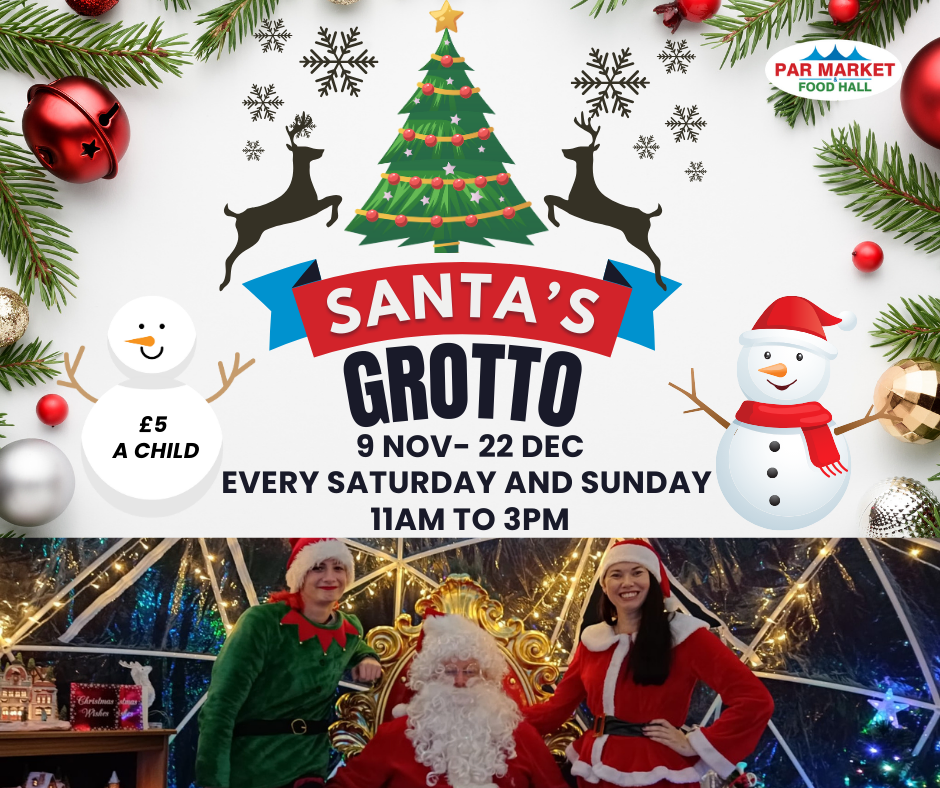 An advert for Par market Santa's grotto, decorated with Christmas trees, snowmen and reindeer with a photo of Mrs Christmas and an elf with Father Christmas.