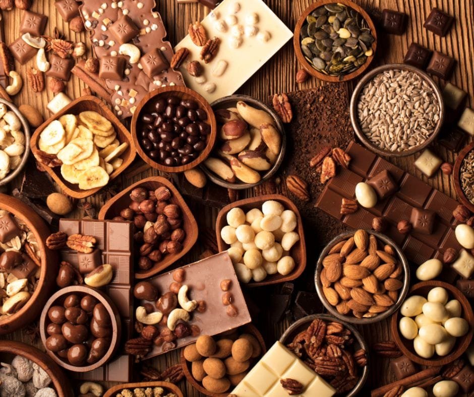 A platter of nuts and chocolate