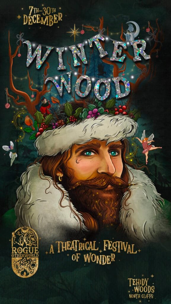 A poster for Winter Wood, with a drawing of a man wearing a holly and fur crown