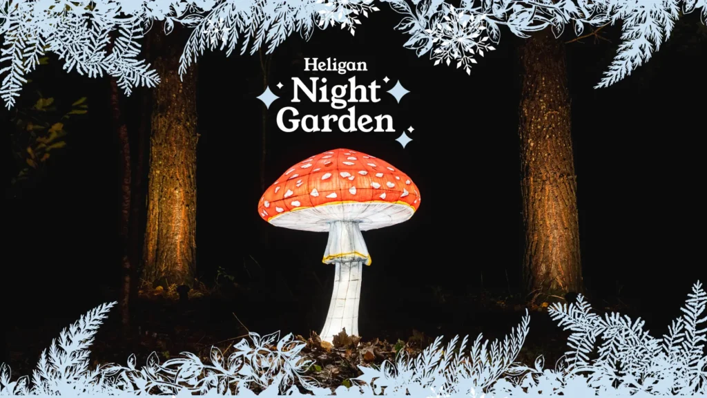 A lit up mushroom sculpture with a black background and the words "Heligan Night Garden"