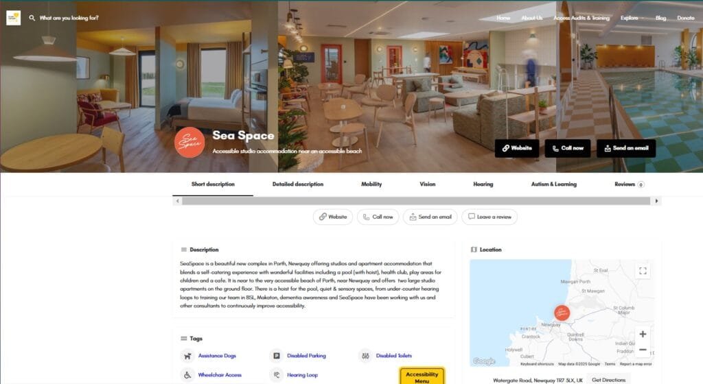 Example of an Access Cornwall online listing which has full information on accessibility support for a range of access needs