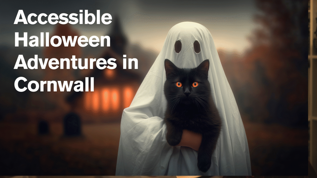 Ghost with black cat in front of haunted house and the words Accessible Halloween Adventures in Cornwall