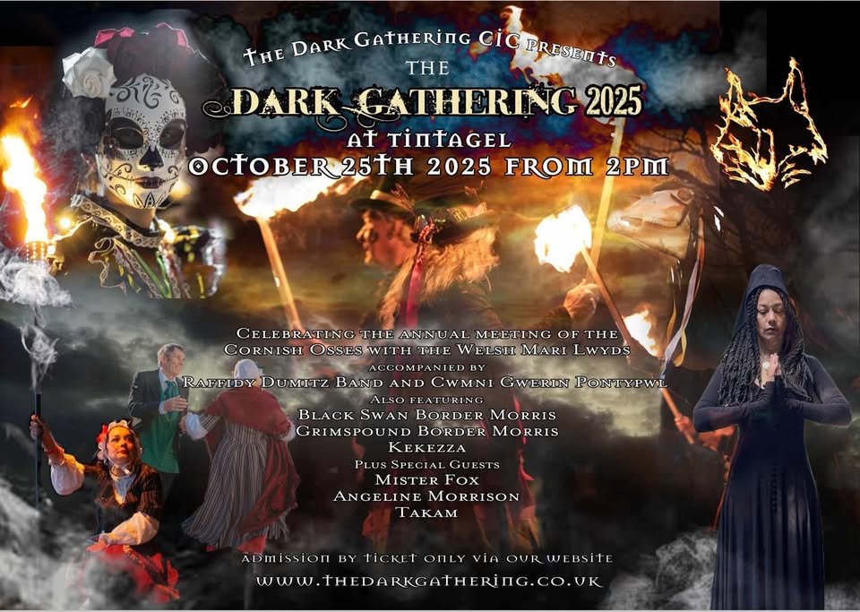 Promotional image of The Dark Gathering at Tintagel with torch lights and characters in folklore costumes